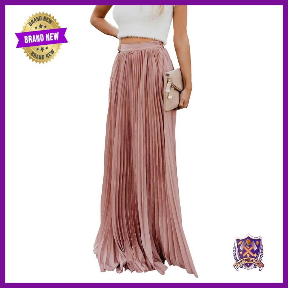 High Waist Pleated Chiffon Maxi Skirt With Pockets, Elastic Waist, Flowy A-Line